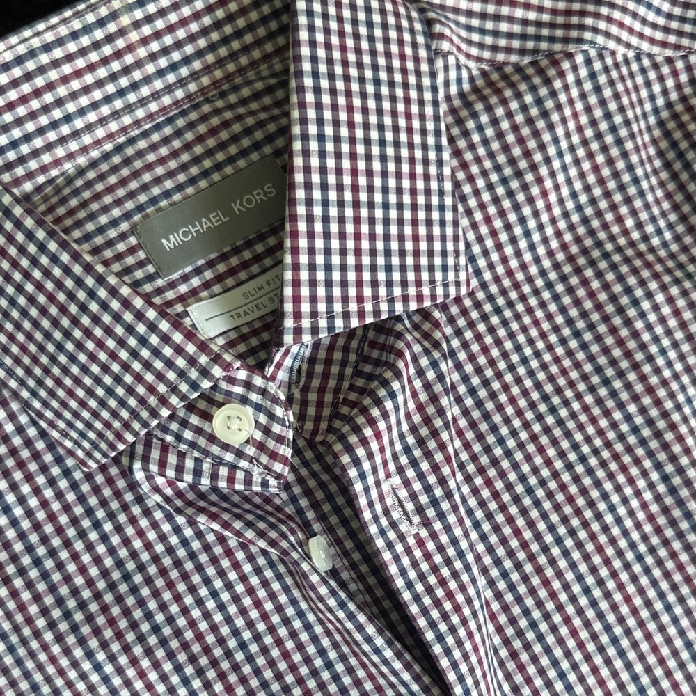 Michael Kors Men's Burgundy and Navy Gingham Dress Shirt - Slim Fit